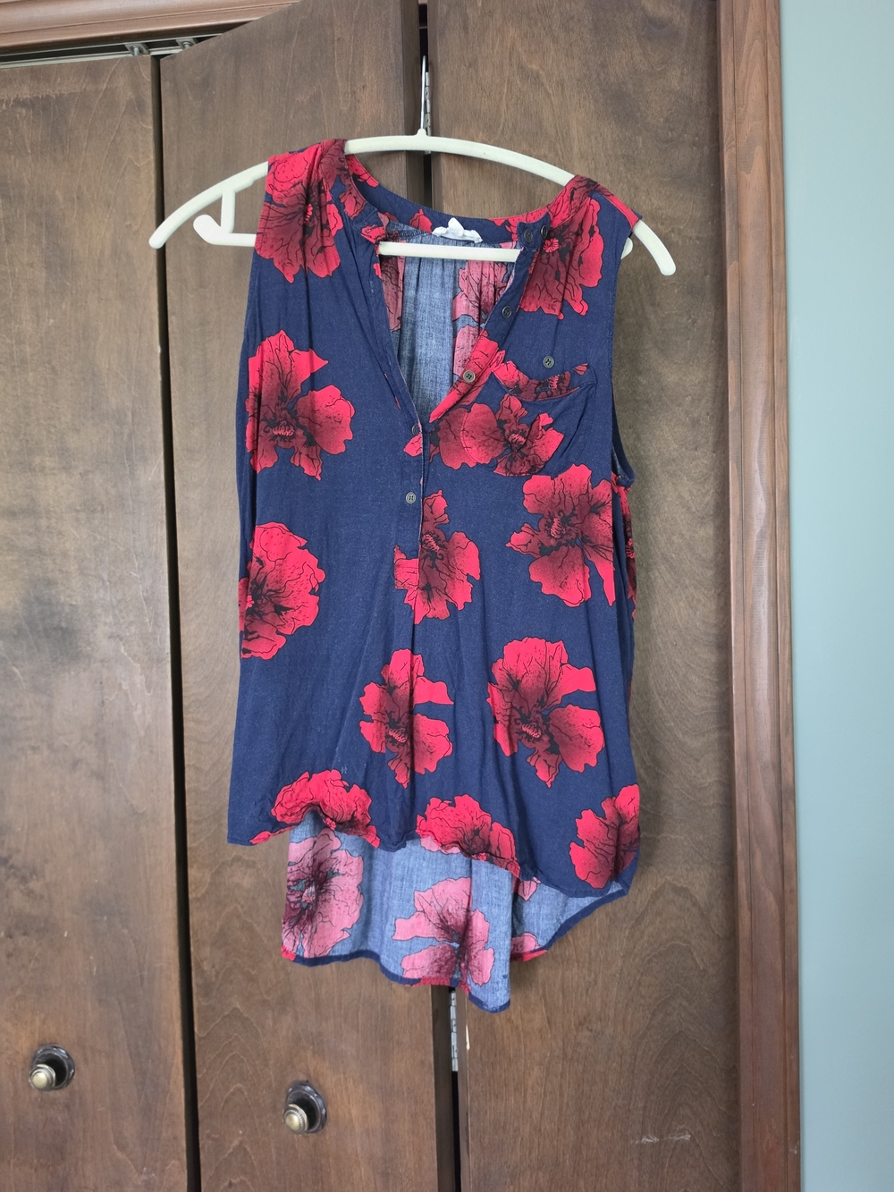 Entro Navy Blue Sleeveless Blouse with Red Floral Print